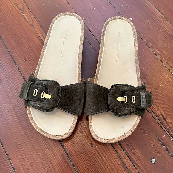 Veronica Beard Suede Slide Sandals, Olive/Brown - Picture 2 of 5